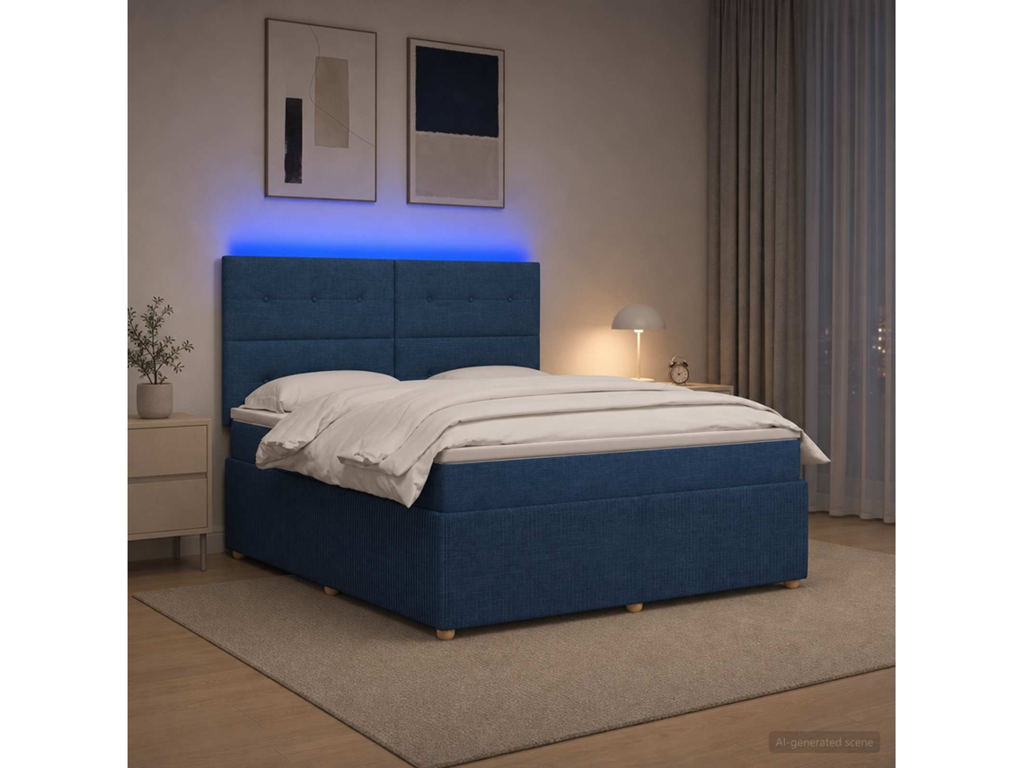 Vidaxl Cama Box Com Led E Colchão Azul 160 X 200 Cm Tecido