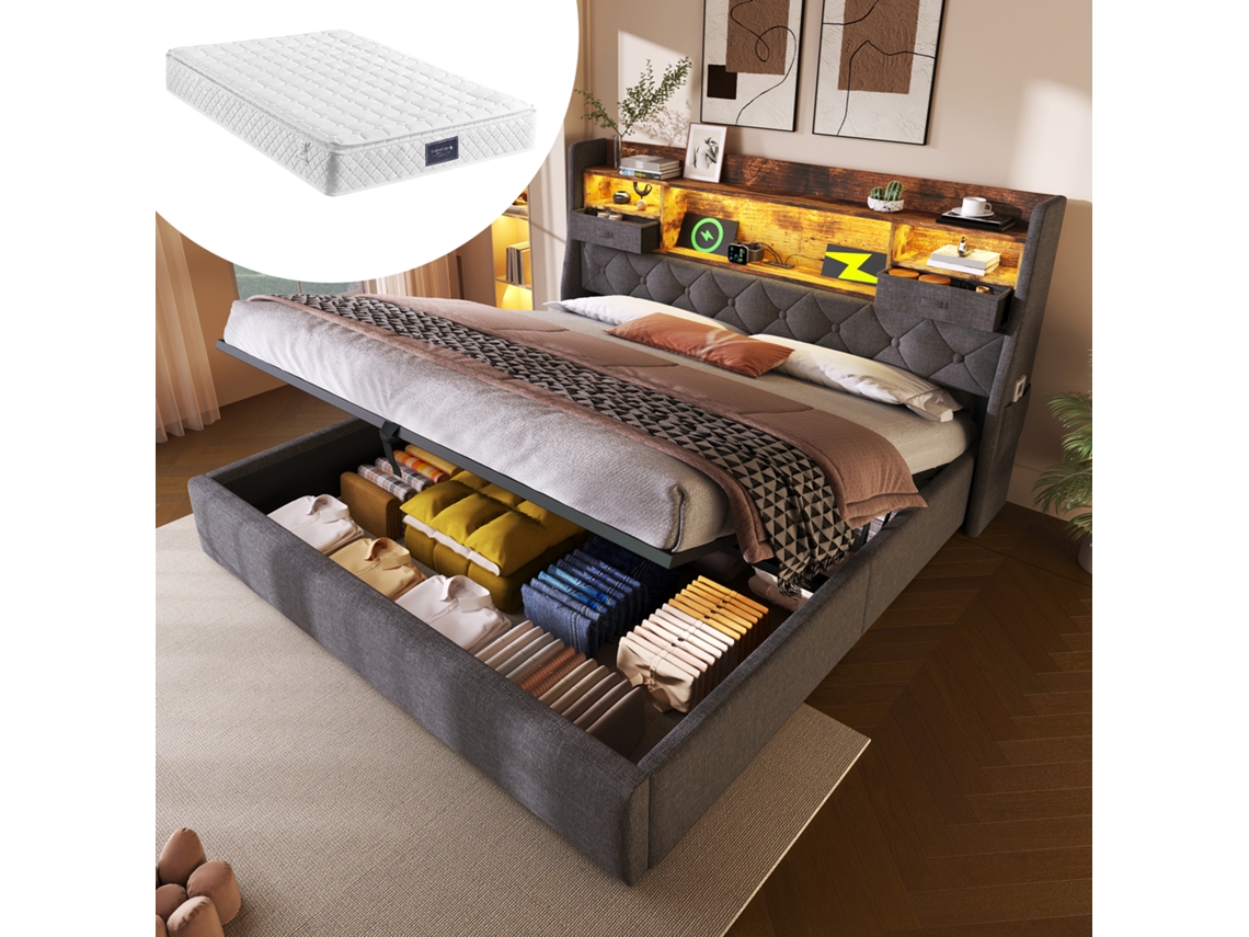 Cama Estofada Cinza 140x200 Cm, Baú Hidráulico, Led, Estrado De Ripas