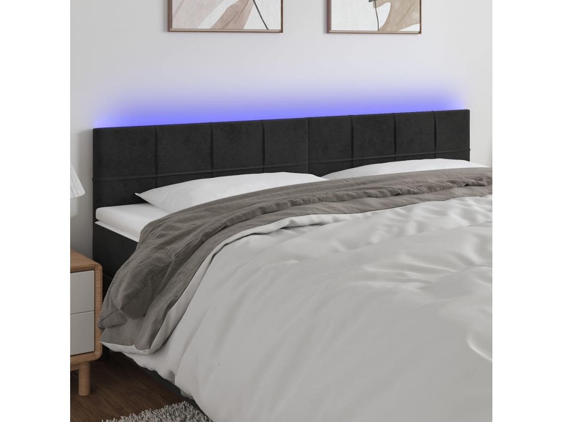 Vidaxl Cabeceira De Cama C/ Luzes Led Veludo 200x5x78/88 Cm Preto