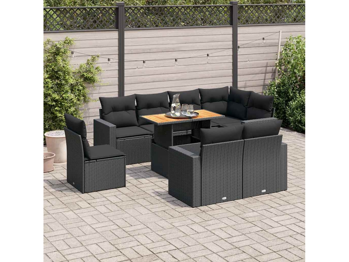 Vidaxl 9 Pcs Conjunto De Sofás P/ Jardim C/ Almofadões Vime Pe Preto