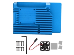 Gabinete de alumínio com ventoinha para Raspberry Pi 4, decoração azul, DC5V, luz dourada.