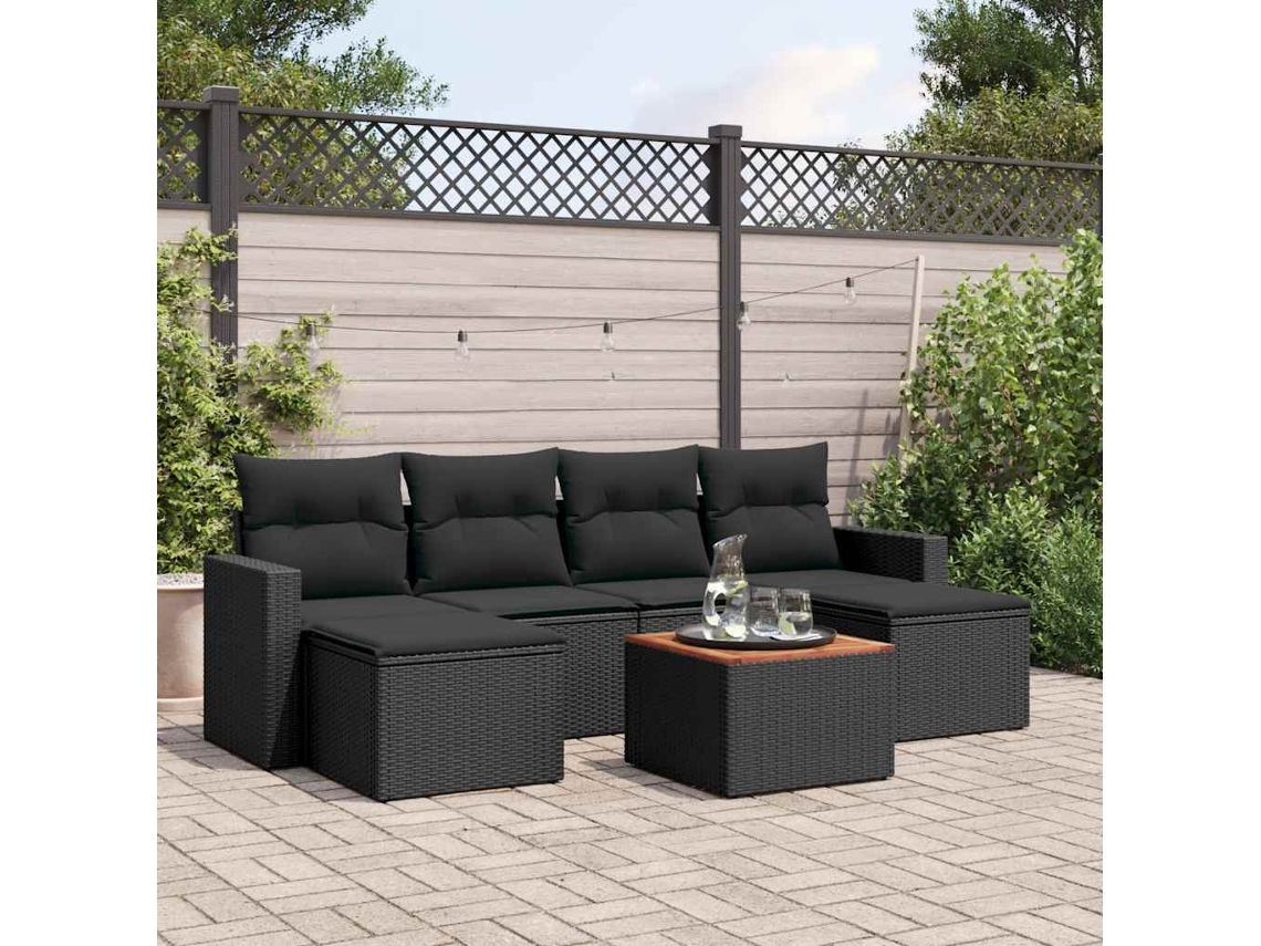 Vidaxl 7 Pcs Conjunto De Sofás P/ Jardim C/ Almofadões Vime Pe Preto
