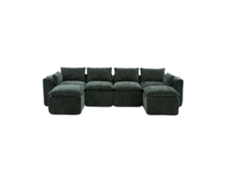 Sofá Modular De 4 Lugares - 2 Pufes, Porta-copos, Espuma/molas - Verde Escuro Chenilla