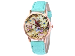 Relógio de pulso Zhoulianfa Quartz com pulseira de PU, estampa de flores e pássaros, verde menta