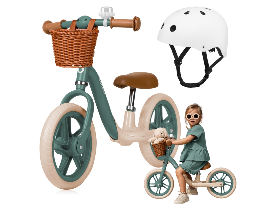 Bicicleta de Equilíbrio LIONELO Alex Plus Ajustável com Cesto, Campainha e Capacete 3+ Verde/branco