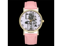 Relógio de pulso feminino Zhoulianfa T303-a em couro com mecanismo de quartzo e câmera rosa.