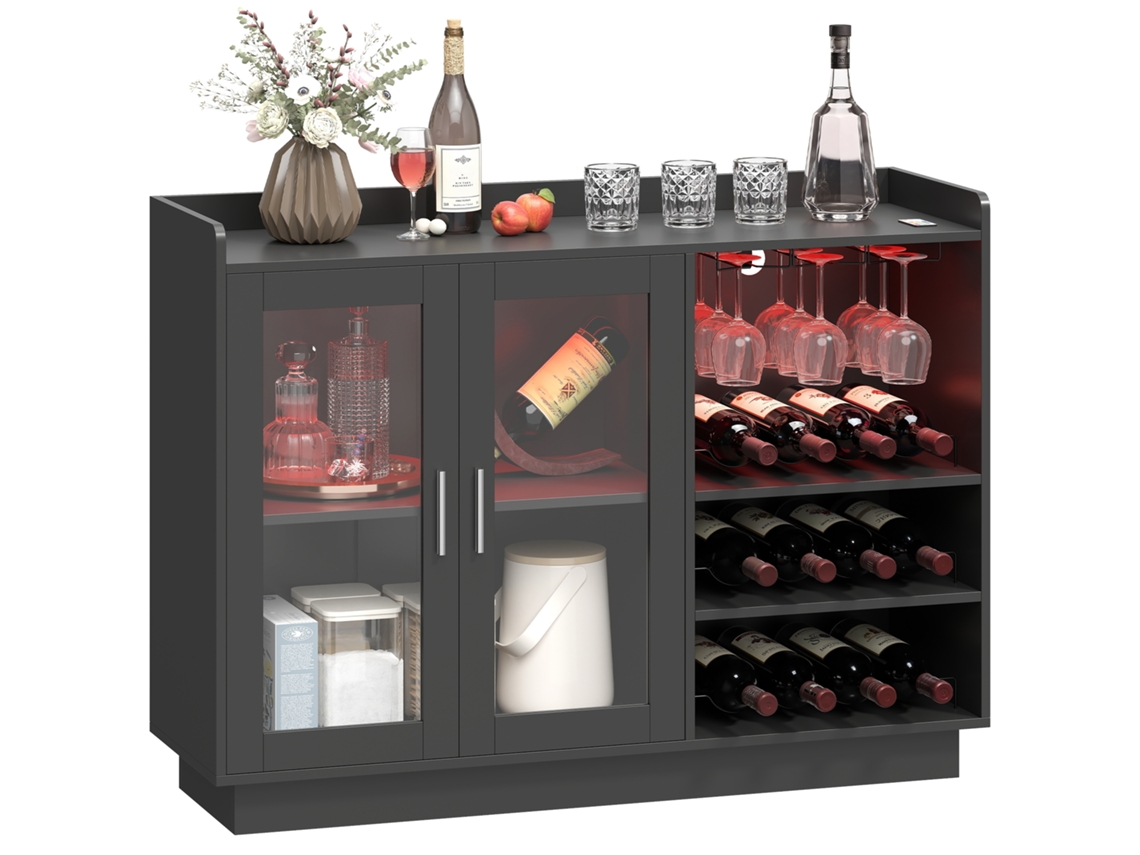 Bar com Luzes Led RGB, Adega para 12 Garrafas, para Sala de Jantar e Estar, Preto