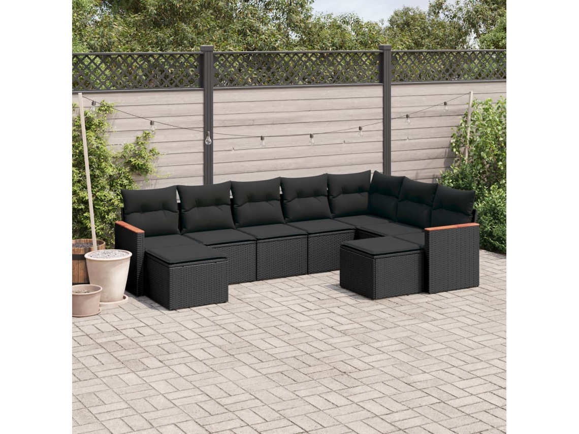 9 Pcs Conjunto De Sofás P/ Jardim C/ Almofadões Vime Pe Preto Dkd Home Decor