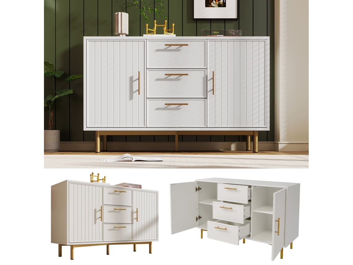 Cômoda Branca Com 2 Portas E 3 Gavetas, Prateleira Ajustável Para Sala E Quarto, 75x120x40 Cm.