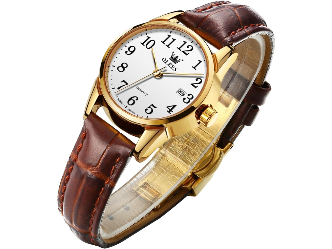 Lurelia Relógio Feminino, Movimento De Quartzo, Data/calendário, Luminoso, 29 Mm, 9,06 Polegadas, Couro, Resistente À Água, Prata, Dourado