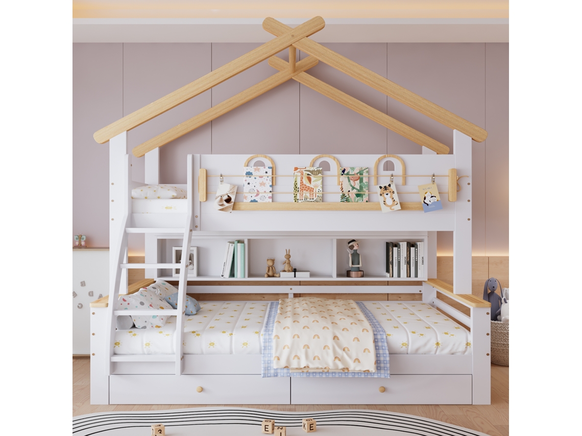 Beliche 90x200 Cm E 120x200 Cm Com 2 Gavetas Com Rodas, Escada Inclinada, Design De Teto Branco Natural Mobrio