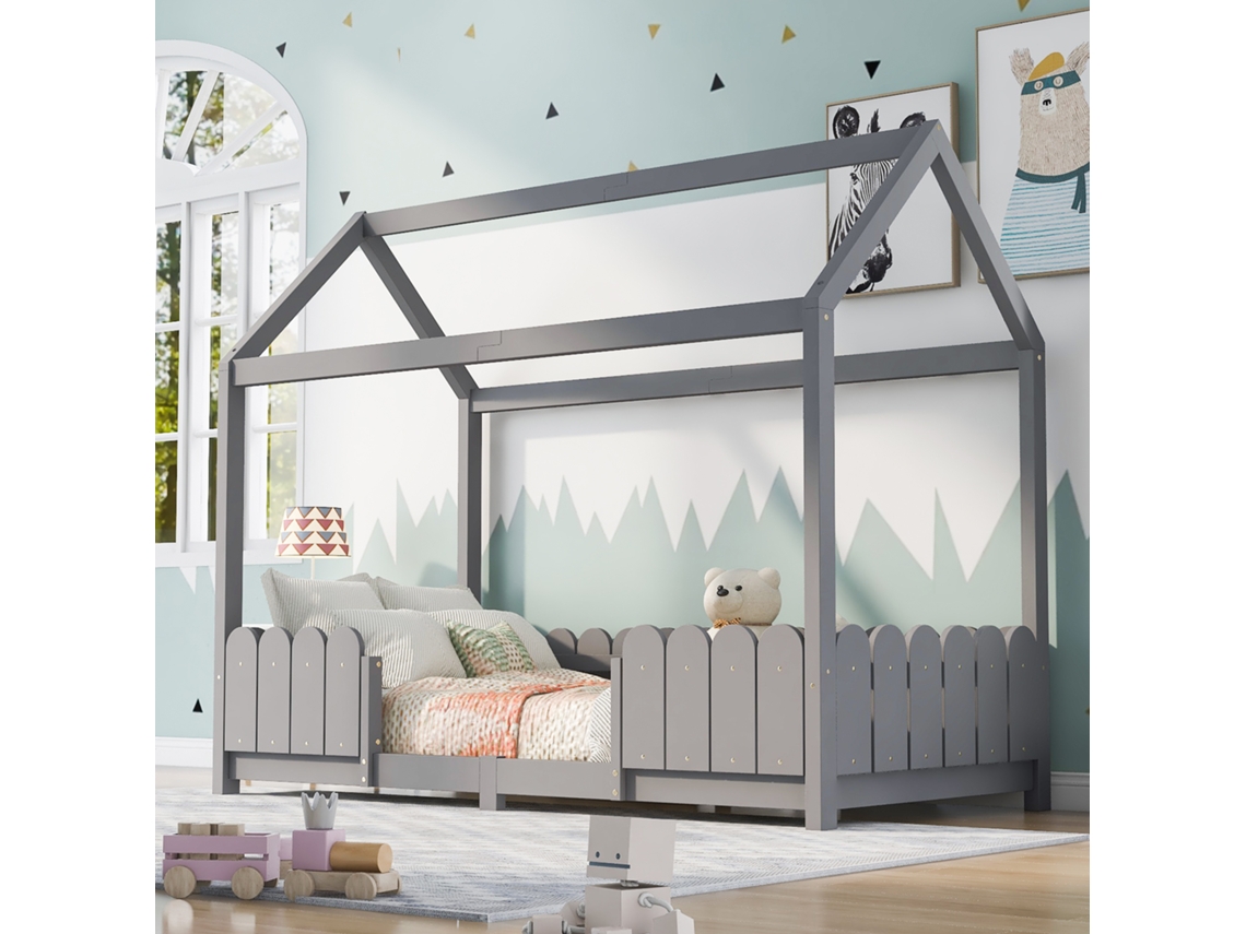 Cama de Cabine 90x200 Cm em Madeira com Grade de Segurança e Estrado de Ripas, Cinza, Sem Colchão. VSOGA