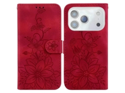 Capa Para Iphone 17 Pro Max Com Suporte, Estampa De Lírio Em Couro Sintético E Alça De Pulso, Na Cor Vermelha.