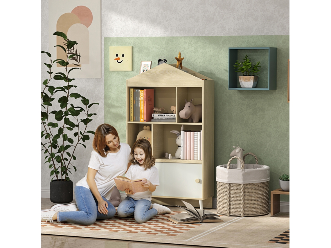 Estante Infantil em Madeira Branca e Natural, 4 Prateleiras Abertas com 80x30x140,5cm para Quarto.