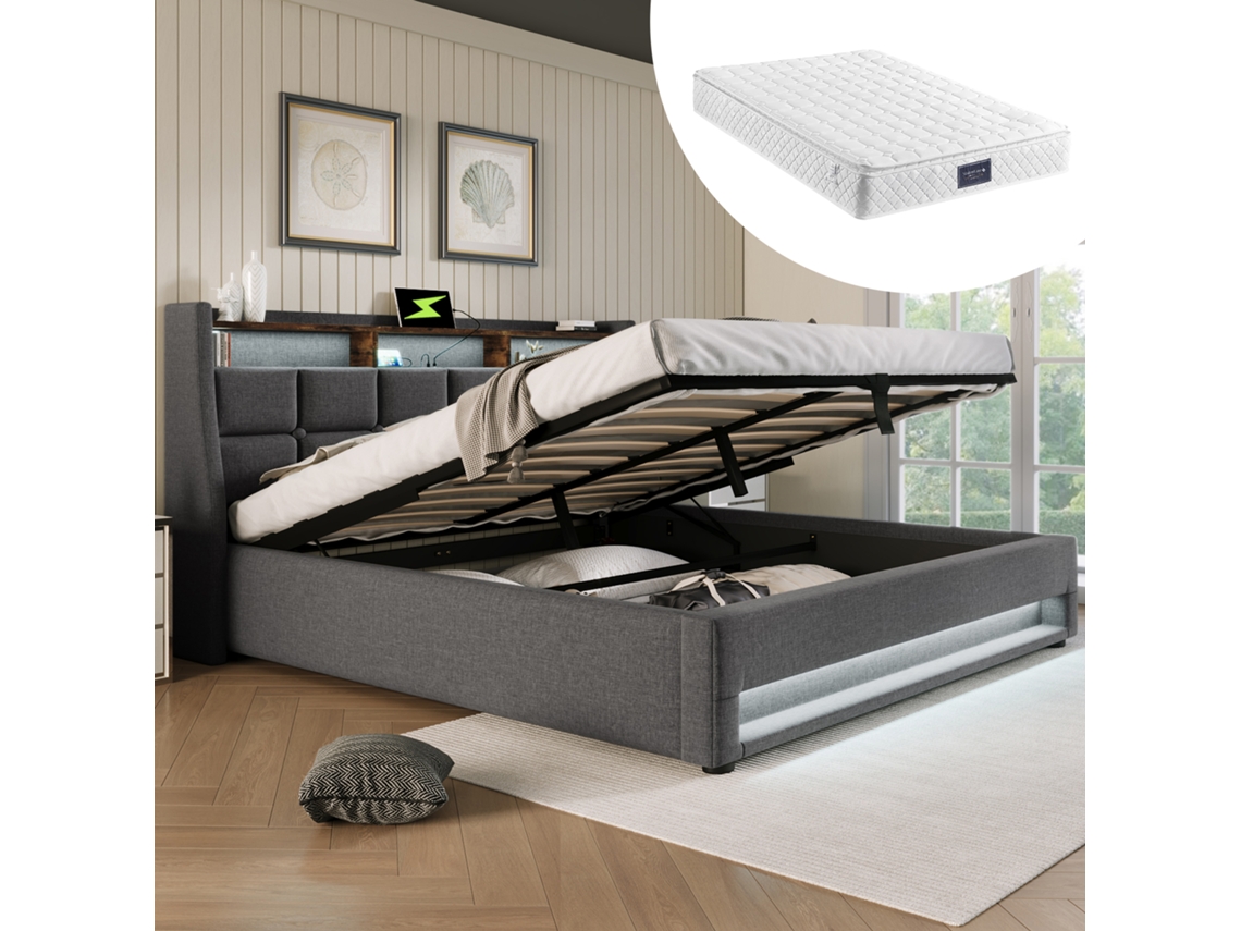 Cama Casal Cinza 140x200cm Estofada, Usb, Led, Veludo (c/ Colchão).-op