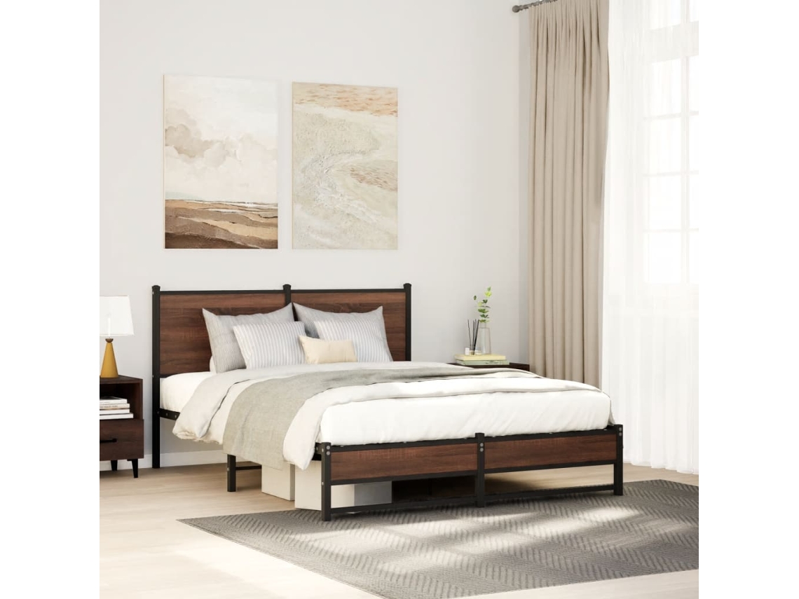 Estrutura Cama Sem Colchão 150x200cm Metal Carvalho Castanho