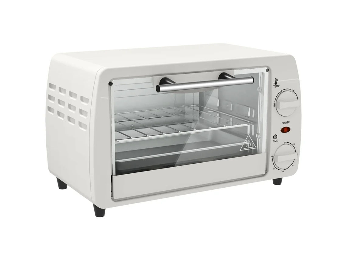 Mini forno elétrico de 10 litros, 750 W, com temperaturas de até 230 °C, timer de 60 minutos, assadeira e grelha, 36,5 x 26 x 22 cm, branco creme.