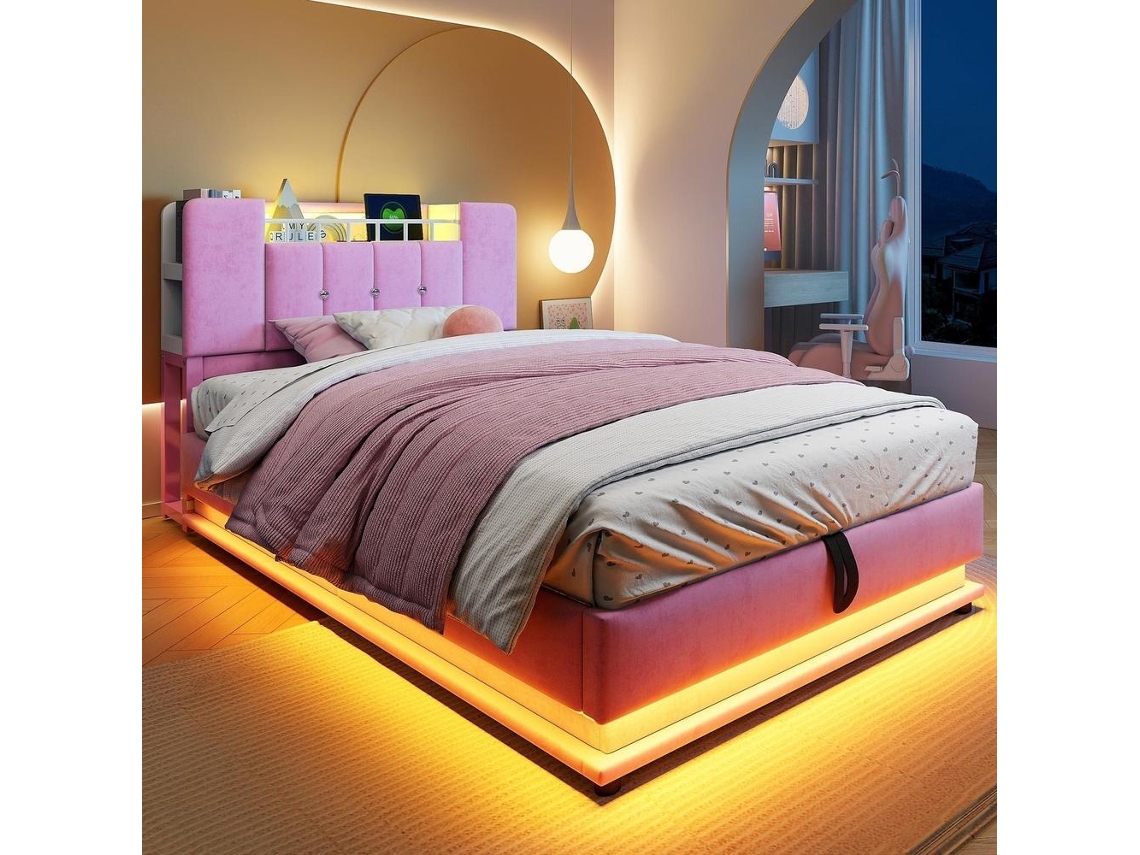 Cama Infantil Acolchoada 90x200 Cm Em Veludo, Com Led, Usb E Compartimento Hidráulico, Rosa