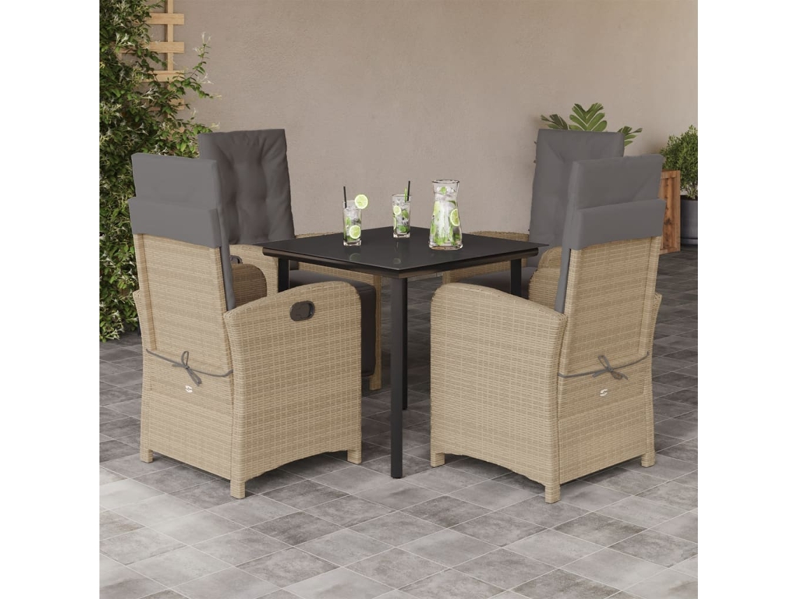 Vidaxl 5pcs Conj. Jantar Jardim C/ Almofadões Vime Pe Bege Misturado