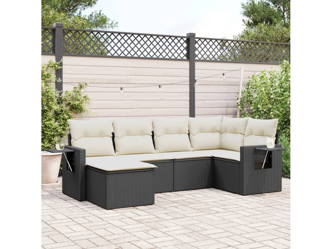 6 Pcs Conjunto Sofás De Jardim C/ Almofadões Vime Pe Preto Dkd Home Decor
