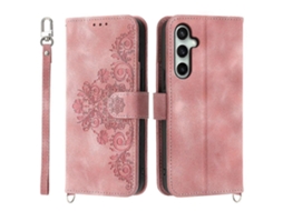 Capa Tipo Carteira De Couro Sintético Com Estampa Floral E Alça Para Samsung Galaxy S25 Fe, Rosa