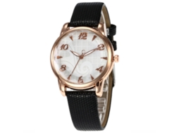 Relógio de pulso feminino com pulseira de PU, mostrador redondo casual, números dourados, preto.
