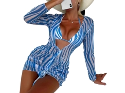 Maiô Biquíni 2 Peças Manga Longa Malha Azul Branco GG