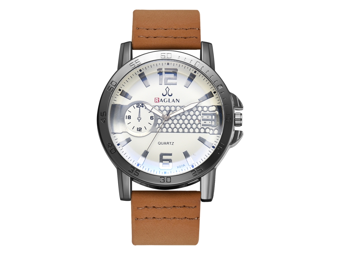 Relógio Masculino de Quartzo com Pulseira de Couro Pu Padrão de Duas Escalas Café