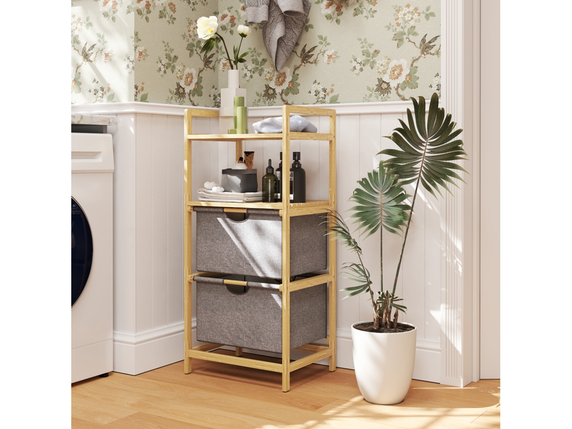 Cesto de roupa suja Ehstmind 35,4L com 2 compartimentos de tecido, prateleiras abertas, alça e design de bambu natural para banheiro