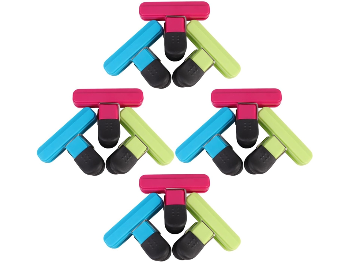 Conjunto de 12 pinos para sacos de alimentos, em plástico ABS, com vedação hermética para uso fora de mesa.