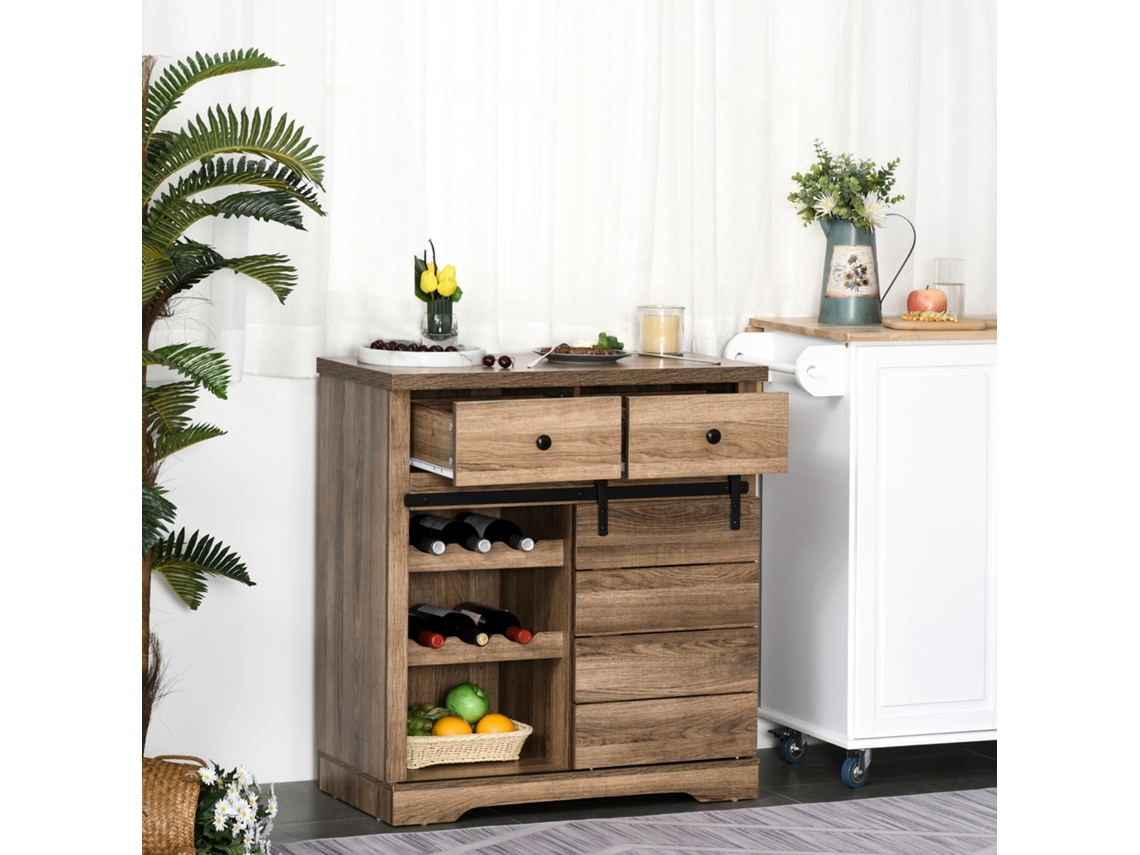 Credenza Con 2 Cassetti, Ripiani Aperti E Portabottiglie, Credenza Da Cucina Rustica In Legno E Metallo, 80x39x86 Cm, Color Legno