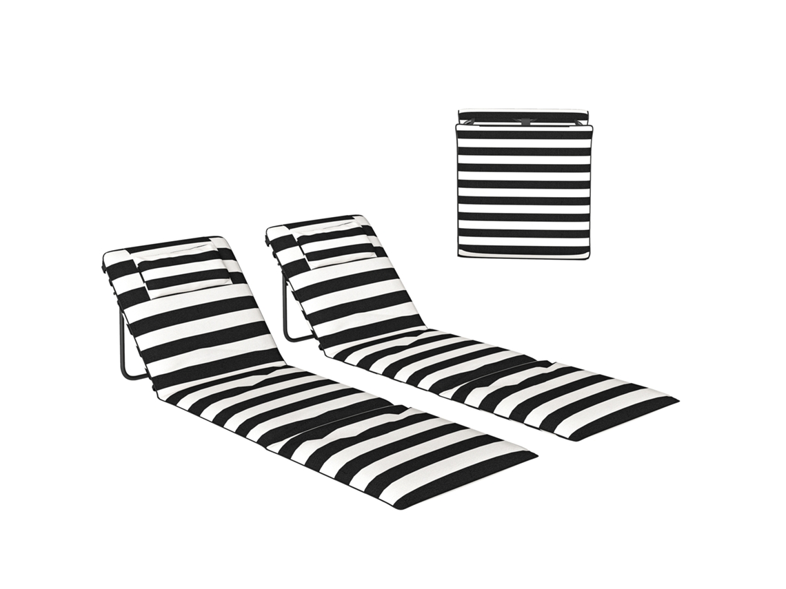 Conjunto De 2 Esteiras De Praia Dobráveis Com Encosto Ajustável E Encosto Acolchoado, 146x50x2 Cm, Cinzento E Branco