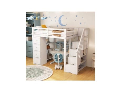 Cama Alta 90200cm Com Gaveta De Armazenamento, Cômoda Com Prateleiras, Escada De Segurança Com Gavetas De Armazenamento, Cama Multifuncional De Madei