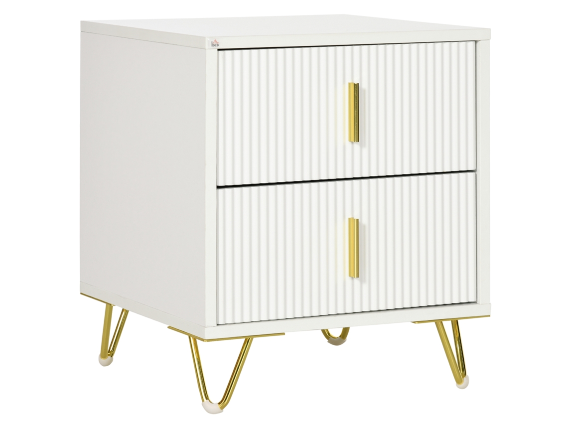 Criado mudo com 2 Gavetas, Mesa Auxiliar com Pernas de Metal para o Quarto, 40x40x47 Cm, Branco Ge