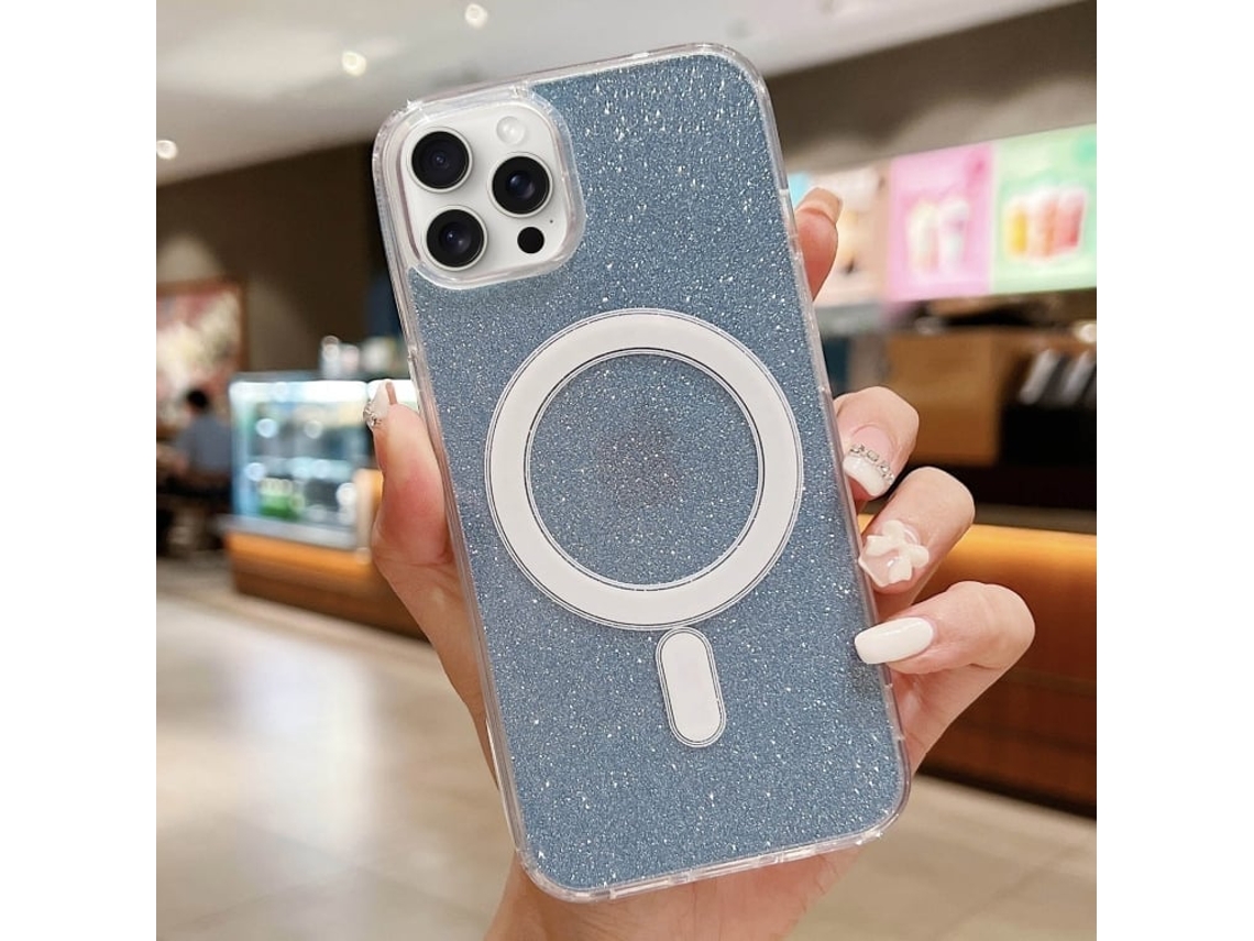 Capa Transparente Com Glitter Para Iphone 16 Pro Max - Acrílico - Magsafe - Azul