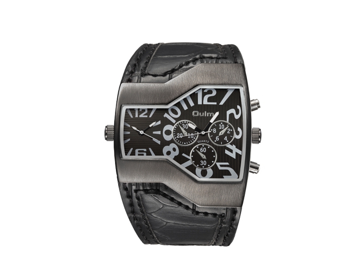 Relógio de pulso masculino casual com movimento de quartzo e duplo fuso horário, resistente à água, preto.
