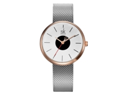 Relógio de Pulso Feminino de Quartzo com Pulseira de Malha Fina Shengke (prata Branco)