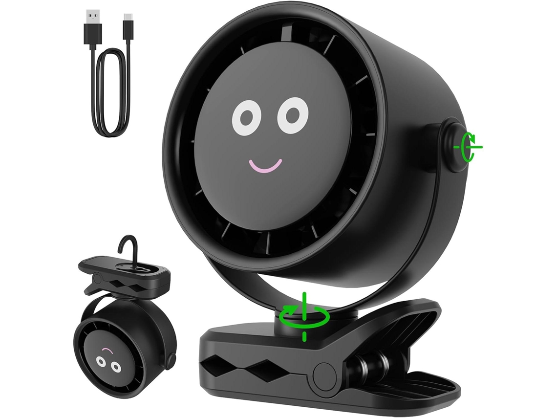 Ventilador 4000mAh com visor LED, cinco velocidades, rotação 360°, com clipe
