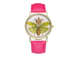 Relógio Quartzo Unissex com Pulseira de Couro Pu, Mostrador Romano, Padrão Inseto (vermelho rosa)