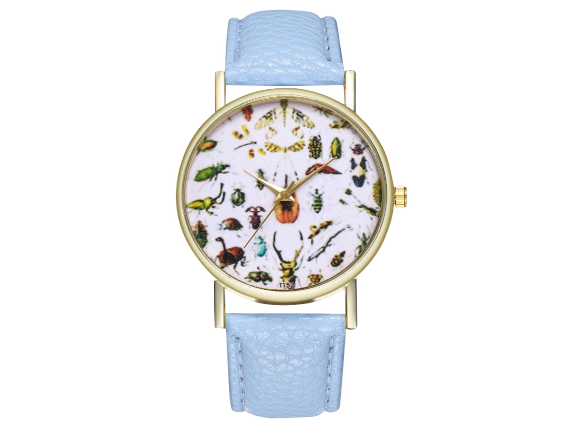 Relógio de quartzo unissex com estampa de insetos, pulseira casual moderna para presente, azul claro