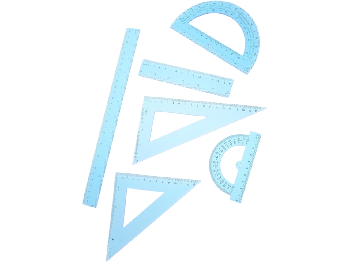 Conjunto de 6 ferramentas de design em plástico azul para decoração escolar, incluindo decalque, esquadro e lápis.