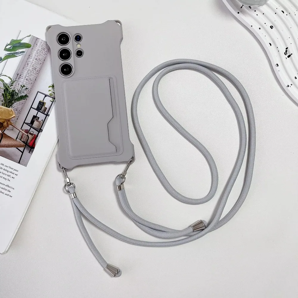 (cinza, Galaxy S23 Fe) Capa De Silicone Macio Para Celular Com Compartimento Para Cartão, Cordão E Proteção Contra Impactos.
