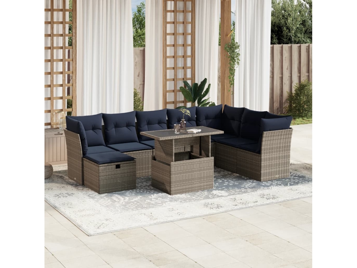 Conjunto de Sofá de Jardim com 9 Peças e Almofadas em Rattan Sintético Preto VIDAXL