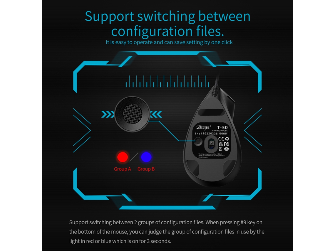 Rato Gamer Com Fio Rgb Zelotes T-50 9 Teclas Ergonômico 6 Velocidades Programáveis