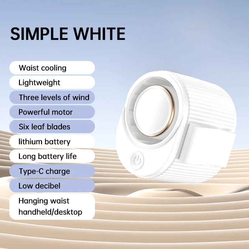 (branco) Ventilador de Cintura Portátil, Recarregável, Adequado Para Esportes E Trabalhos Ao Ar Livre.