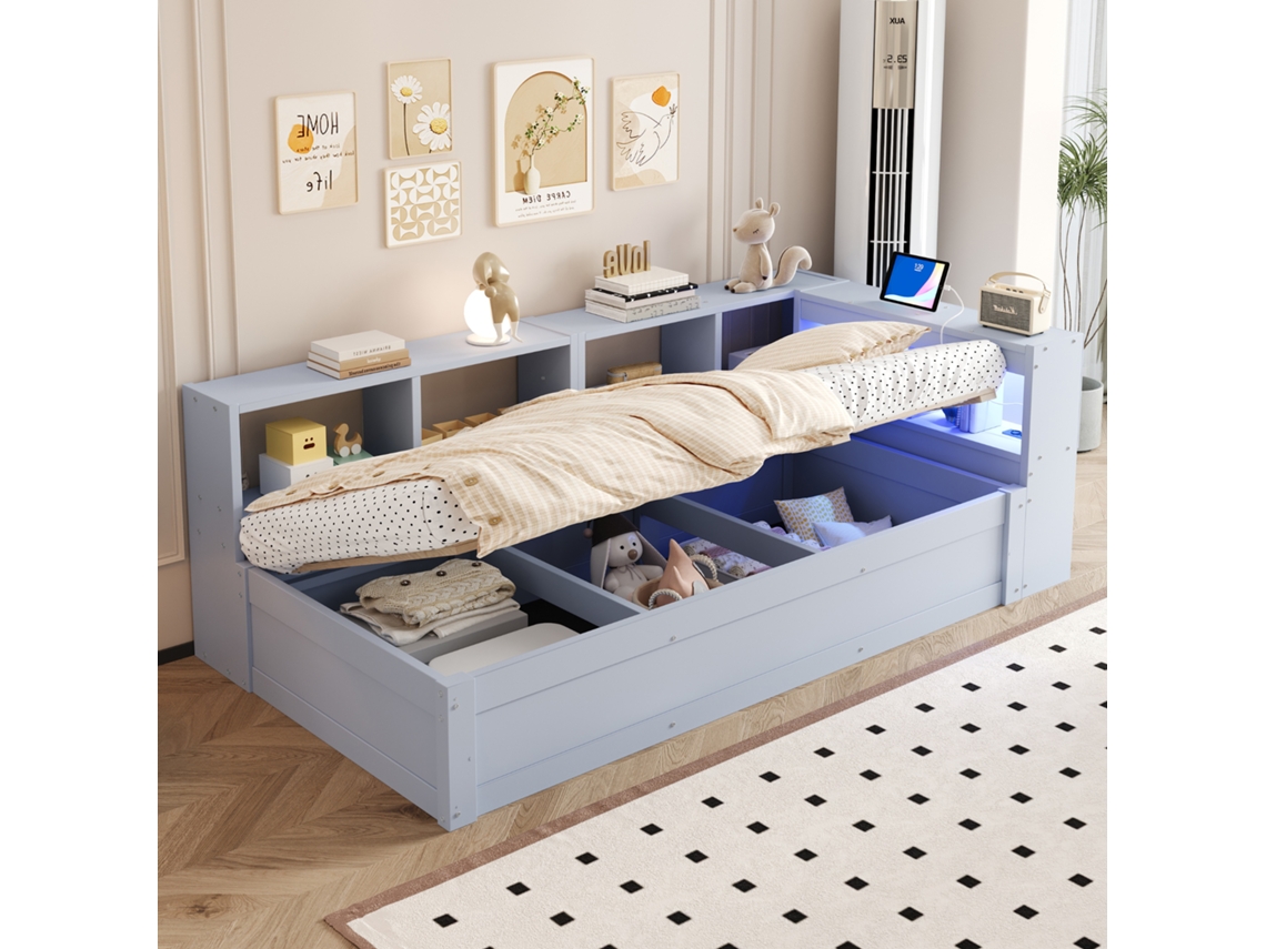 Sofá Cama 90x200 Cm Com Tomada Eu Arrumação E Led Multicolor Cinza Sem Colchão