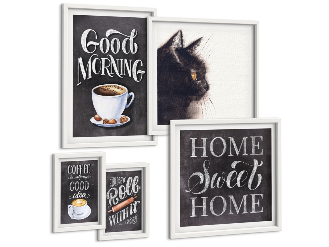 Conjunto De Pinturas Café Gato Frases Positivas Espelharte (5 Peças)