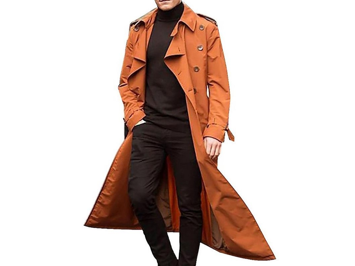 Jaqueta Trench Longa Para Homem Com Lapela, Casaco Simples, Outerwear, Poliéster, Ocasiões Versáteis Laranja