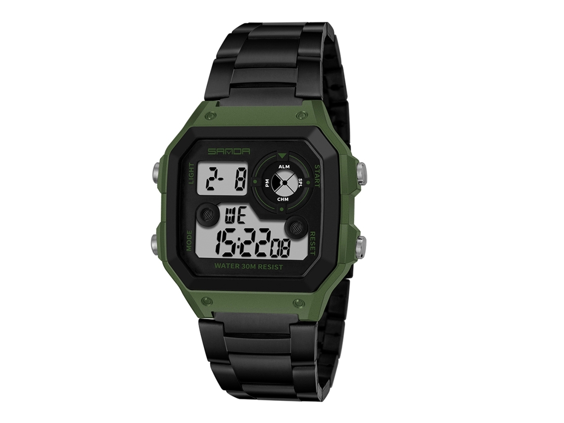 Reloj Digital Deportivo Sanda Led Multifuncional Impermeable Negro+verde Ejército