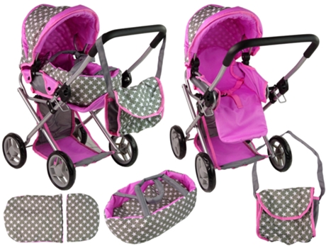 Carrinho De Bebé 2 Em 1 Com Bolsa Cinza Rosa Estrelas Alice